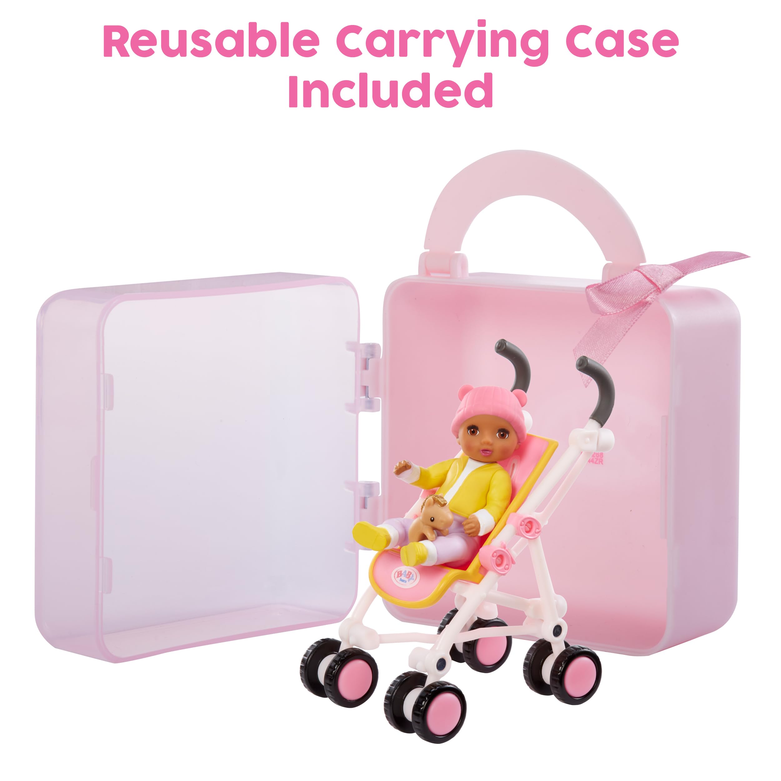 Baby Born MINIS Playset - Medium Tan Skin Tone Doll with Brown Eyes, Stroller & Animal Friend Accessory, Includes Reusable Carrying Case for On-The-Go Playtime - Image 5