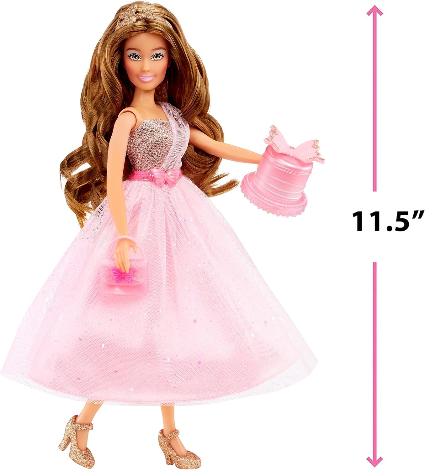 MGA Entertainment Dream Ella Let's Celebrate Doll DreamElla, Pink & Gold Glitter Butterfly Confetti Unboxing 11.5" Brunette Party Fashion Doll + 5 Accessories for Birthday, Graduation, Special Day - Image 3