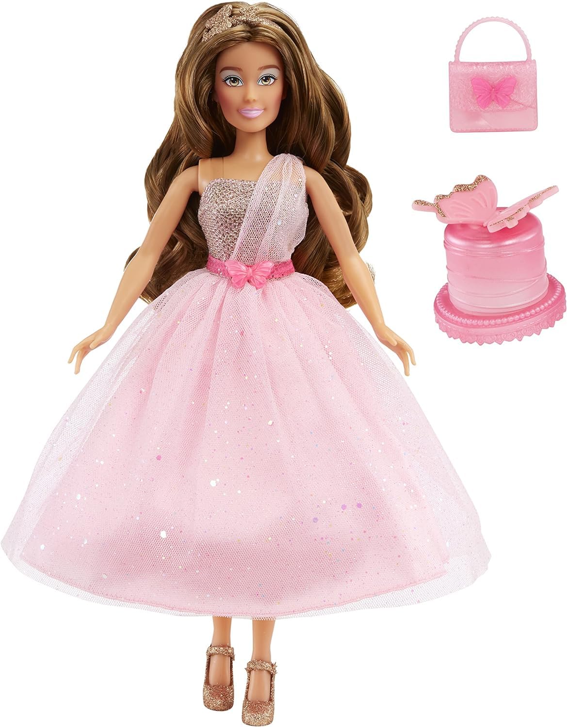 MGA Entertainment Dream Ella Let's Celebrate Doll DreamElla, Pink & Gold Glitter Butterfly Confetti Unboxing 11.5" Brunette Party Fashion Doll + 5 Accessories for Birthday, Graduation, Special Day - Image 4